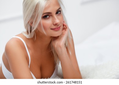 Beautiful Sexy Blonde Woman White Lingerie Stock Photo