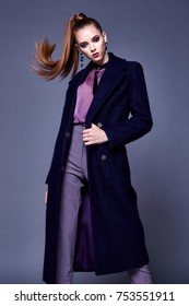 Beautiful Sexy Business Woman Wear Black Wool Coat Silk Blouse And Pants Style For Office Dress Cone Uniform Busy Lady Glamor Makeup Face Cosmetic Fall Winter Collection Casual Clothes Fashion.