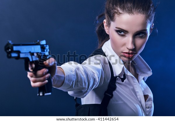 Beautiful Sexy Girl Holding Gun Smoke Stock Photo 411442654 Shutterstock