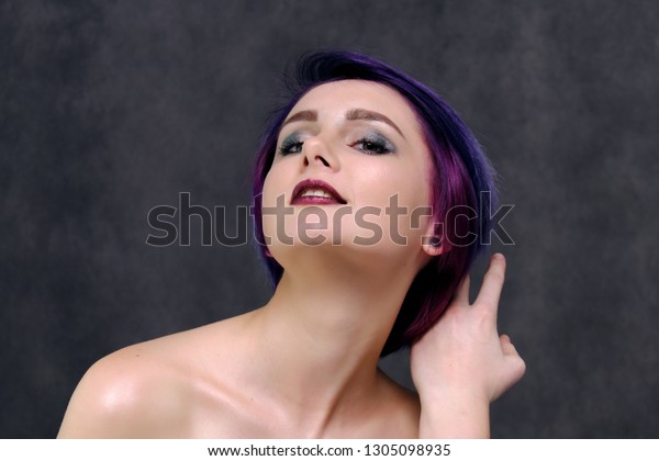 Beautiful Sexy Girl Purple Hair Short Royalty Free Stock Image