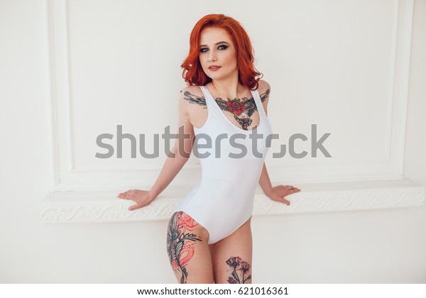 Beautiful Sexy Girl Red Hair Tattoo Stock Photo Edit Now