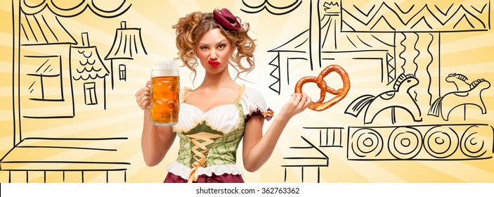 Beautiful Sexy Oktoberfest Waitress Wearing A Traditional Bavarian Dress Dirndl Holding A Pretzel And Beer Mug, And Making Grimaces Of Contempt On Sketchy Carousel Background. Facebook Size Format.