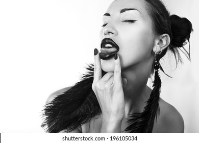 Beautiful Sexy Stylish Woman Stick Her Tongue Out, Black-and-white Photo (Cheeky Youth) 