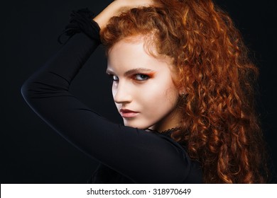 Beautiful Sexy Woman With Red Hair,  Dark Background