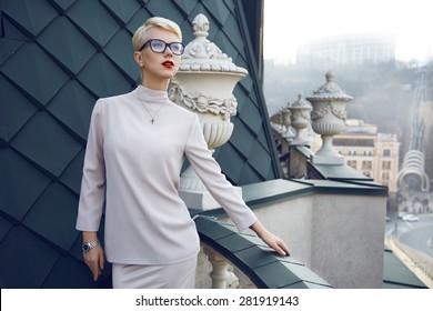 Beautiful Sexy Young Business Woman Blond Hair Evening Makeup Wearing Dress Suit Top  Skirt High Heels Shoes Business Clothes For Meetings Walks Summer Fall Collection Perfect Body Shape Glasses Hotel