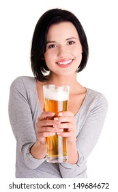 Beautiful and sexy young woman with beer, isolated on white 