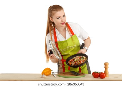 Beautiful Sexy Young Woman Cooking Fresh Meal Isolated On White Background. Healthy Meal Prep - Recipe Preparation Photos. Healthy Vegan Dishes In Glass Containers. Weight Loss Food Concept