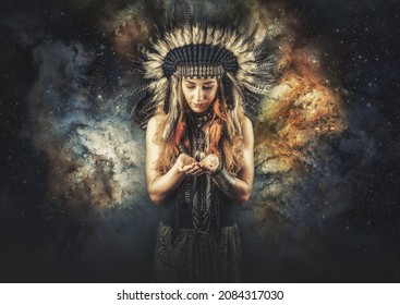beautiful shamanic girl in cosmic space.