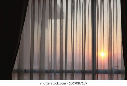 Beautiful Sheer Curtain With Colorful Sunlight At Home. 