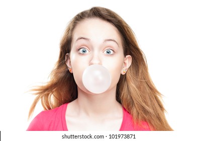 Charming Young Girl Blowing Bubble Chewing Stock Photo 1424044832 ...