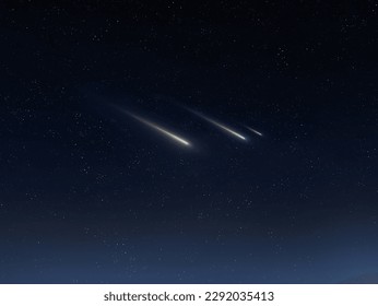 Beautiful shooting stars in the sky. Meteors on a dark background. Meteorites glow in the atmosphere.