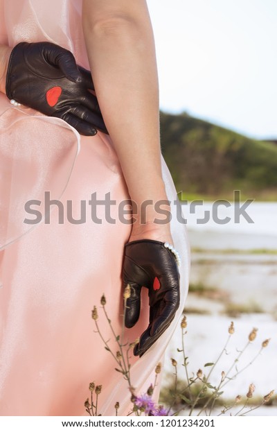 Beautiful, short, black gloves with heart and\
white pearls