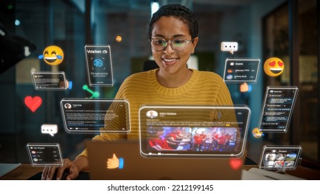 Beautiful Short Haired Project Manager Working on Computer in Office. Augmented Reality Social Media Icons Appear From Worker's Laptop. Internet of Things, Connectivity and Online Concept.