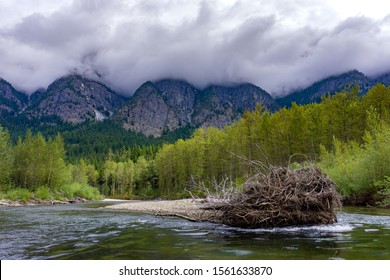 A Beautiful Shot Of The Bella Coola River In  BC, Canada Under The Cloudy Sky