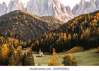Beautiful shot of Chiesetta di San Giovanni Church in Ranui Dolomites Italy