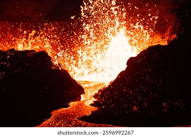 A beautiful shot of exploding red molten lava magma after the Meradalir Volcano Eruption in Iceland