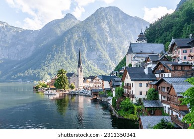 A beautiful shot of a lakeside village Hallstatt, Austria