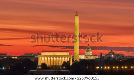 A beautiful shot of Lincoln Memorial, Washington Monument, and Capitol