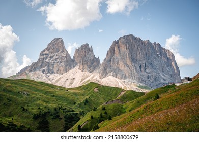 A beautiful shot of Passo Sella mountain under the cloudy skies in Italy