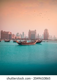 Beautiful shot of a typical arabic boat in the center of Doha, Qatar, during sunset