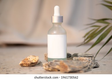 Beautiful Shot Of White Glass Bottle With Pipette And Serum On Natural Background. Facial Skin Care, Moisturizer Concept. Fashionable Cosmetic Product Among Stones. Mock Up, Close-up Photo