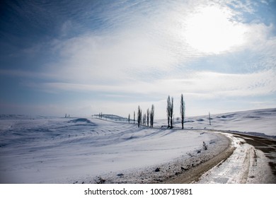 Beautiful Side Country Road View , Sunny Snowy Winter Day 