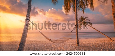 Beautiful silhouette of hammock on palm trees on tropical beach paradise at sunset. Carefree freedom tourism, summer nature, exotic shore coast. Tranquil travel landscape. Enjoy life, positive energy