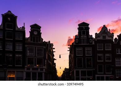 Beautiful Silhouettes Of Canal Houses At The Little Nine Streets In Amsterdam, The Netherlands, At Sunset