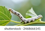 A beautiful silkworm eating leave, with a soft forest background.