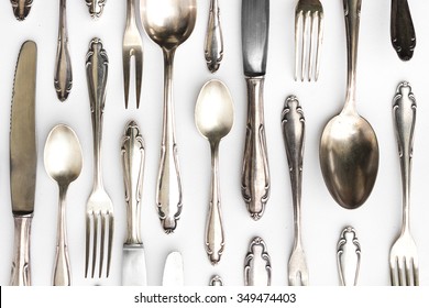 beautiful silver cutlery collection on white background