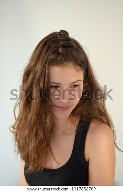 Beautiful Simple Hairstyle On Medium Length Stock Photo