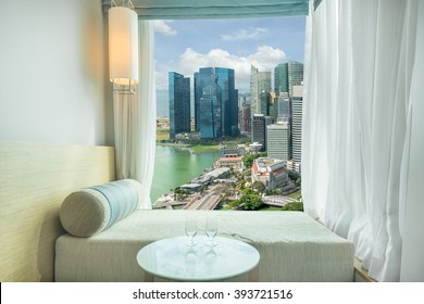 Beautiful Singapore City View At Window In Hotel, Marina Bay,Singapore
