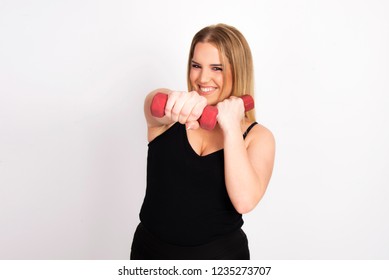 Beautiful Size Plus Young Woman Blond Girl Model Exercise  Isolated On White Holding Weights 