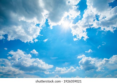 Beautiful Skies With Sun And Clouds. Sky Background.