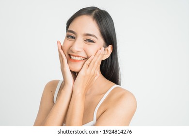 Beautiful Skin Care Woman Face Smile To You With White Background. Asian Beauty