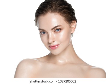 Beautiful skin and healthy hair woman clean natural makeup isolated on white cosmetic concept - Shutterstock ID 1329205082