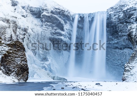 Beautiful Skogafoss waterfall. Iceland. Winter view.