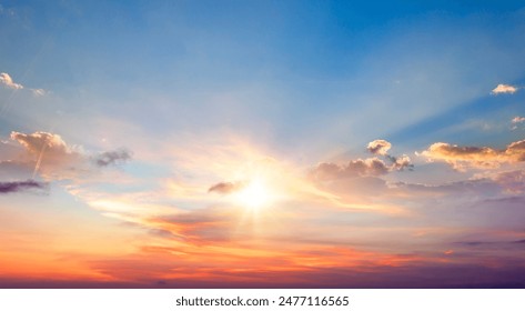 Beautiful sky background - Sunset Sunrise sky with light clouds and real sun