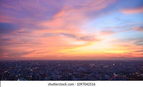 Beautiful Sky At Bangkok City (Thailand), Bangkok At Night Time. Colorful Sunset With CityScape At Bangkok.