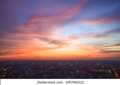 Beautiful Sky At Bangkok City (Thailand), Bangkok At Night Time. Colorful Sunset With CityScape At Bangkok.