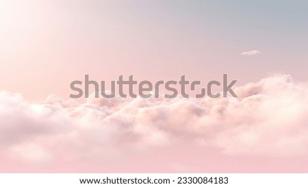 Beautiful sky on colorful gentle light day background. Sunny and fluffy clouds with pastel tone and idyllic pale blue and beige color backdrop. Picturesque