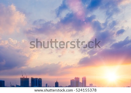 beautiful skyline city summer colorful blue sky with cityscape urban building and cloud sunset or morning light.