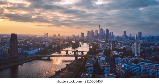 Beautiful skyline in Frankfurt am Main in Germany. Wide panoramic cityscape at sunset. - Powered by Shutterstock