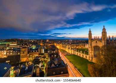 Beautiful skyline view of Cambridge city at dusk. UK