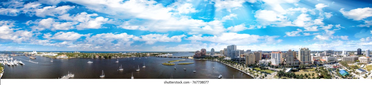Beautiful skyline of West Palm Beach, Florida. Aerial view at sunset.