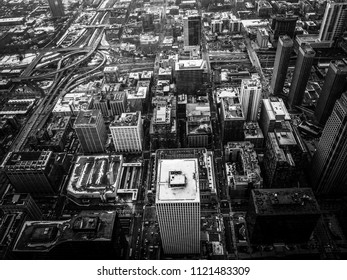 Beautiful Skyscraper Panoramic View From The Window At 103-storey At Sky Deck Observatory Of Willis Tower In Chicago, Illinois, USA. Black And White.