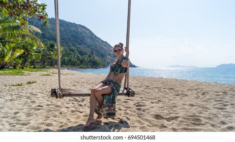 Beautiful Slender Girl Bikini Swinging On Stock Photo 694501468 ...