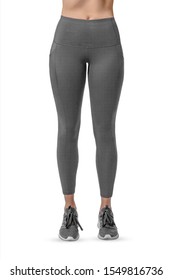 Beautiful Slim Female Legs In Grey Sport Leggings And Running Shoes Isolated On White Background. Concept Of Stylish Clothes, Sports, Beauty, Fashion And Slim Legs