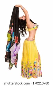 beautiful slim woman belly dancer sexy arabian turkish oriental professional artist in carnival shining costume with long healthy glossy hair. exotic star of bellydance.