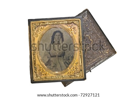 A beautiful small, antique, vintage photo of a woman in the 1800's. Tin type in leather case with gold trim and accents.